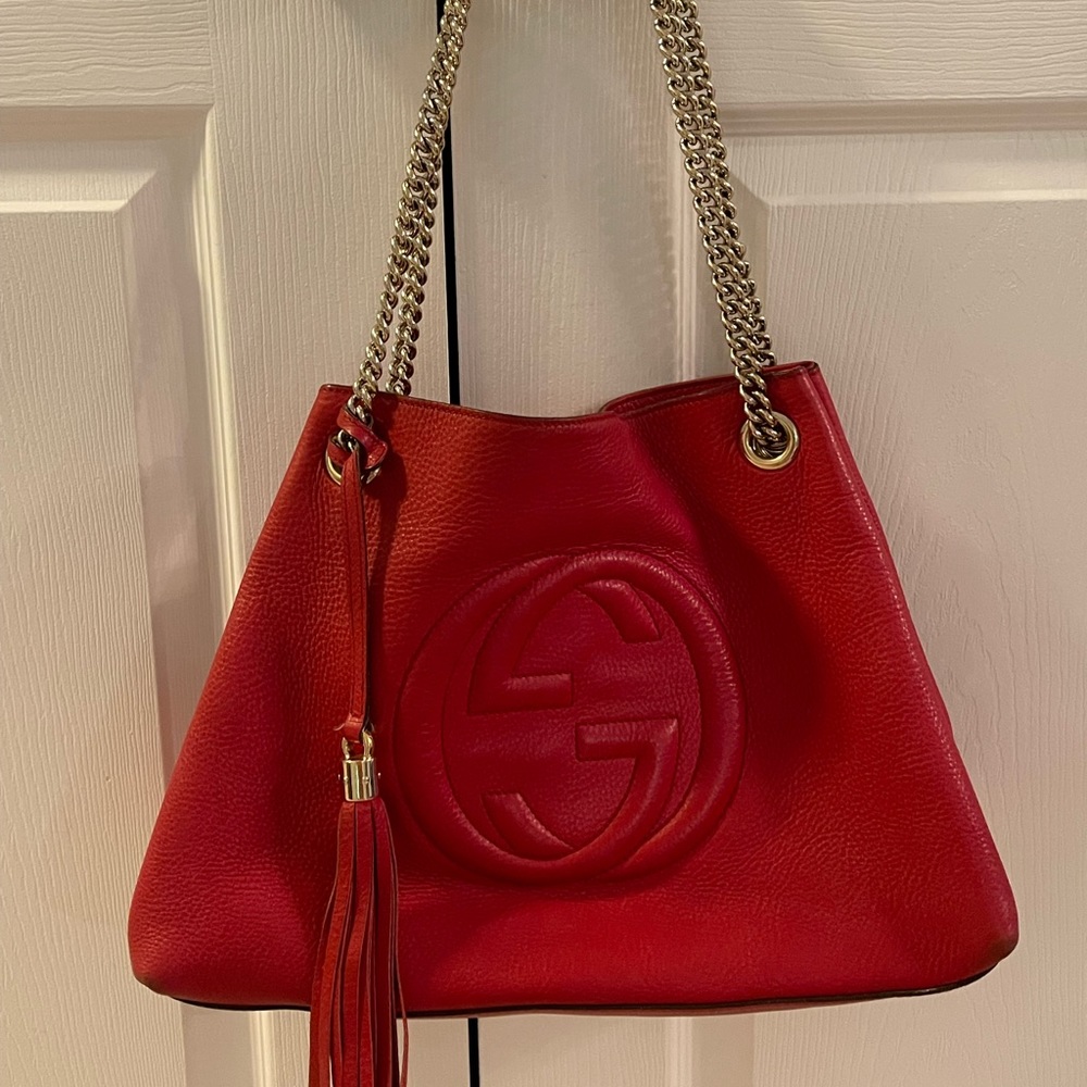 Gucci Leather Soho Chain Tote Red Leather Bag